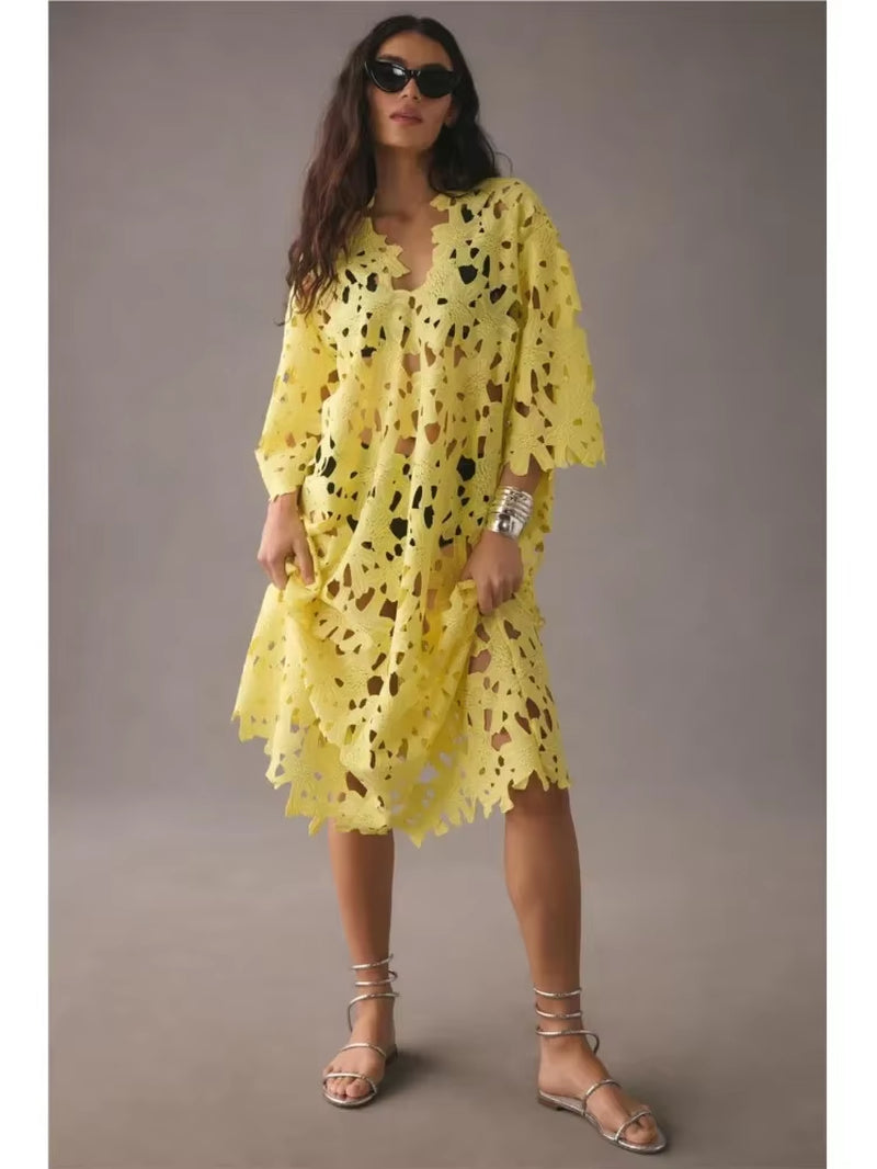 Sexy Lace Hollow Out V-Neck Beach Dress