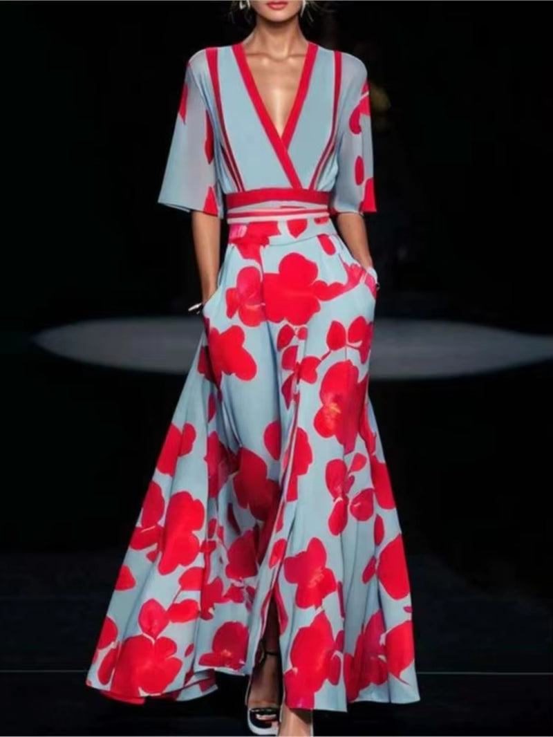 Deep V-Neck Belted Print Dress