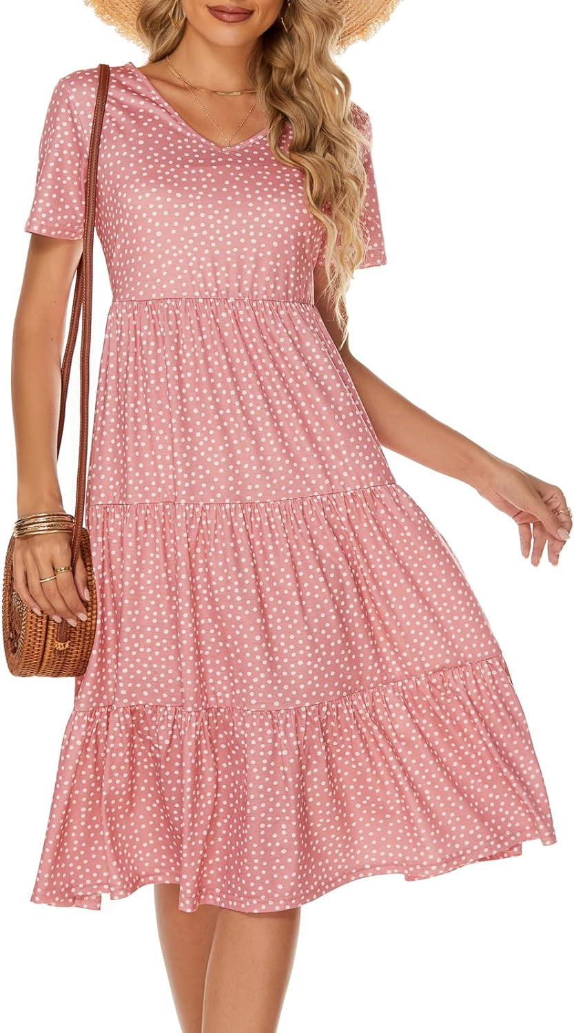 Women'S Casual Summer Tiered Midi Dress Short Sleeve V-Neck Loose Cotton Ruffle Babydoll Dress Boho Sundress